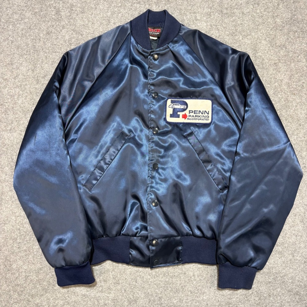Vintage Hilton Navy Blue Satin Bomber Jacket Penn Parking Patch XS Made in USA